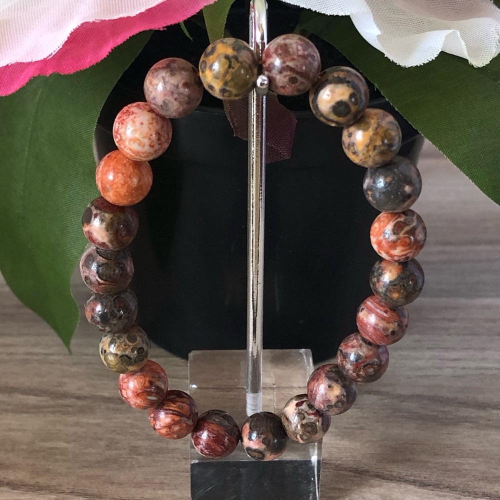 Red Leopard Jasper Natural Stone Beads Stretchable Bracelet 7" - 8mm Beads